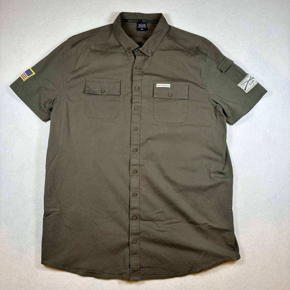 Grunt Style Shirt Mens 2XL Green Short Sleeve Button Front Tactical Patches USA